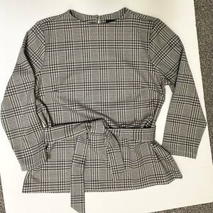 Ann Taylor Gray and White Glen Plaid Long Sleeve Top with Self Tie L